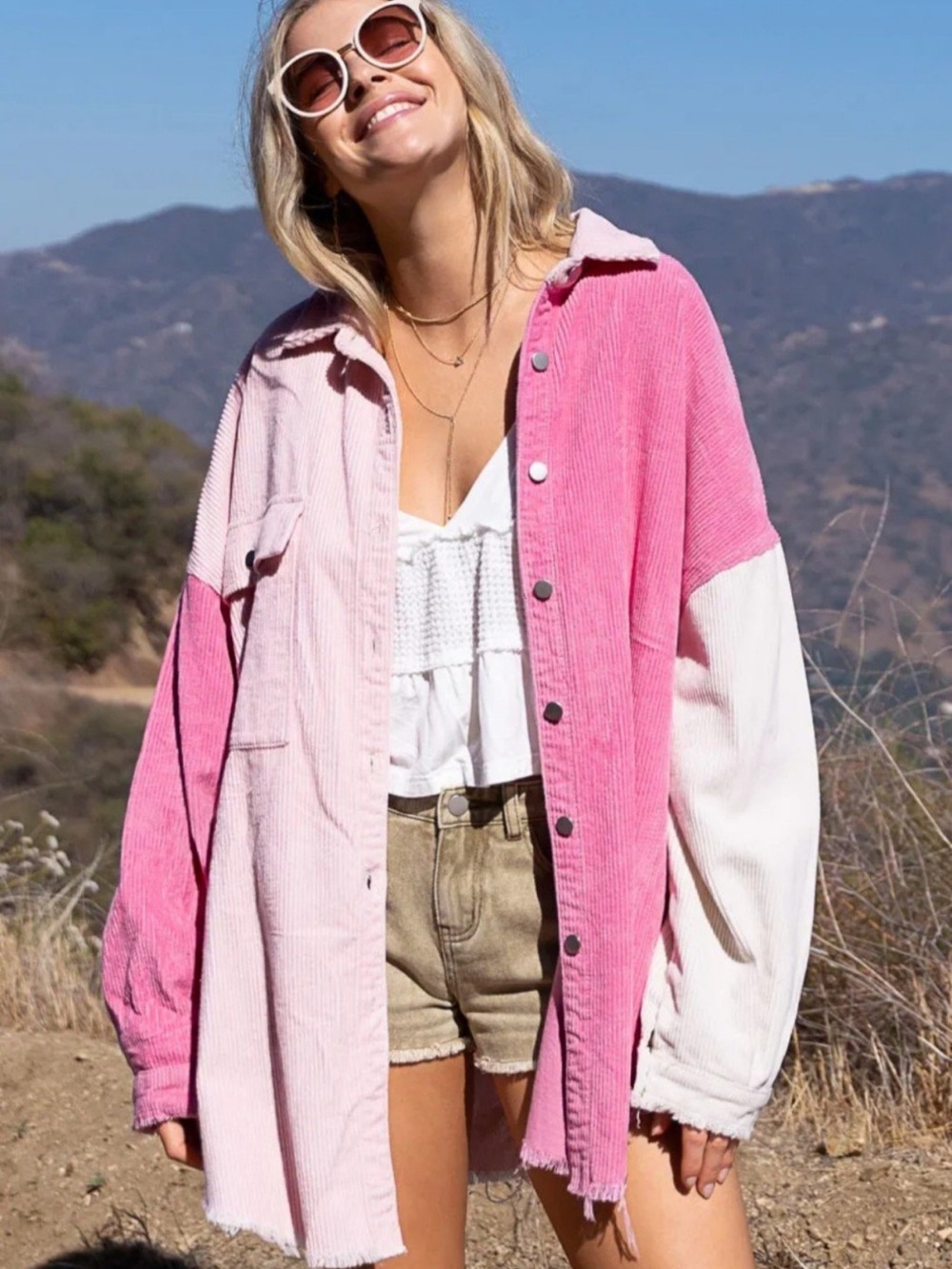 POL Pink Two-Tone Corduroy Button-Up